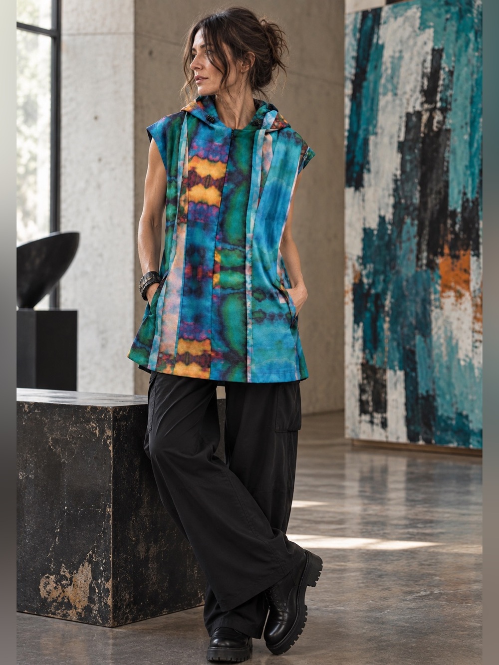 Wearable Art Abstract Print Hooded Vest Jacket Half Zip Tunic Avant Garde color